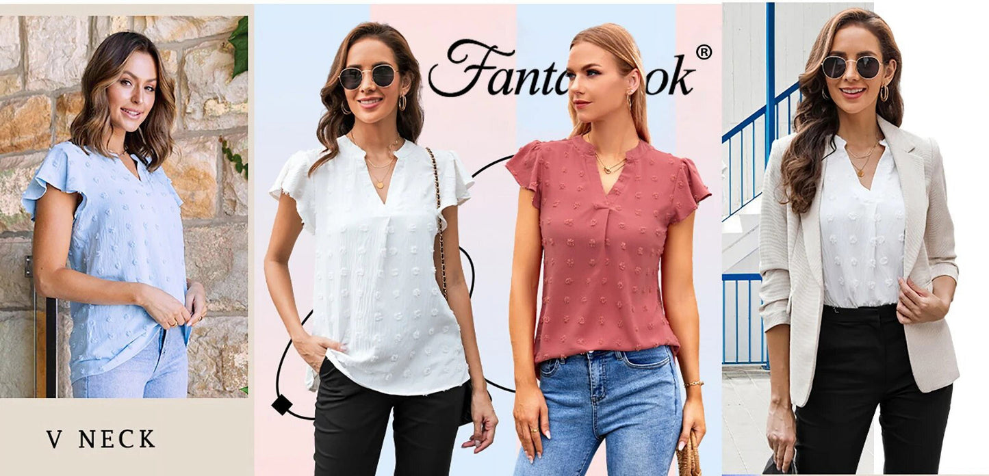 Blouses for Women Dressy V Neck Ruffle Sleeve Summer Tops Casual Flowy Shirts